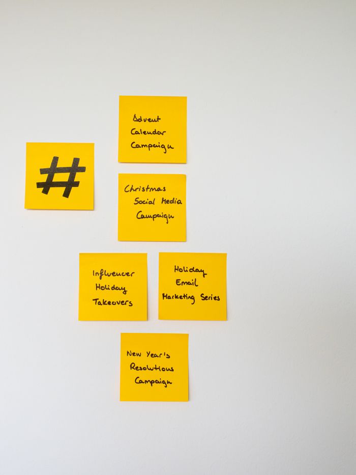 Post-it gialli con idee scritte a mano per una campagna di marketing su una parete.